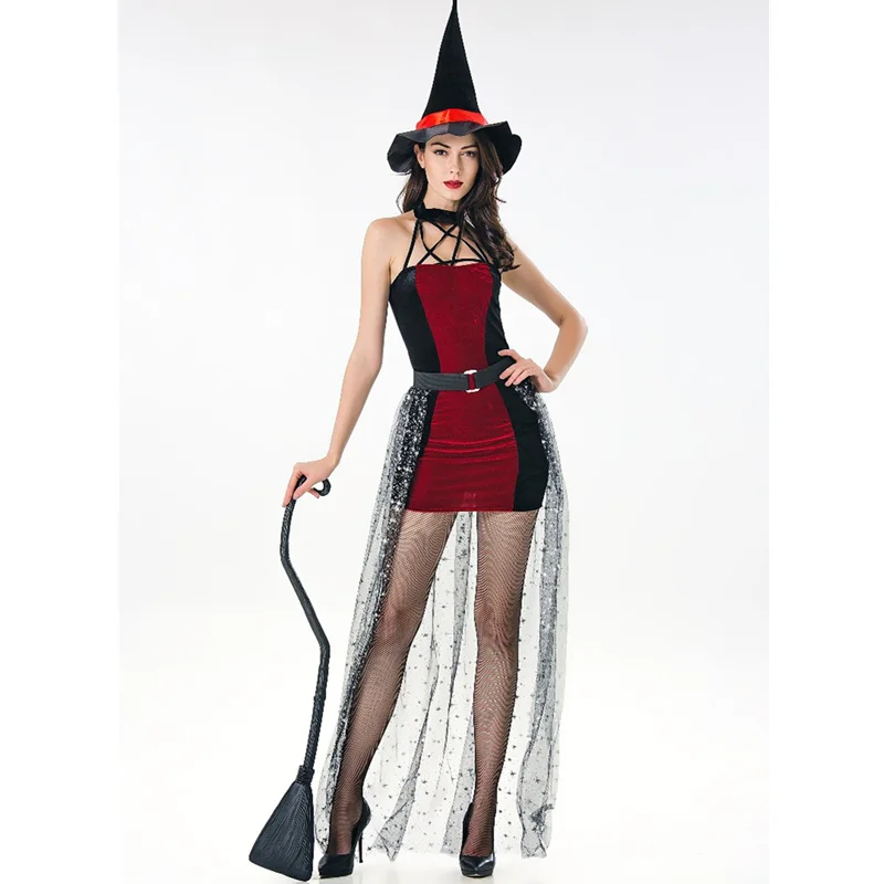 Strega Sexy rossa gotica Costume di Halloween vestito da festa per donna vestito da elfo Cosplay in velluto femminile vestito da Cosplay di fata di Halloween