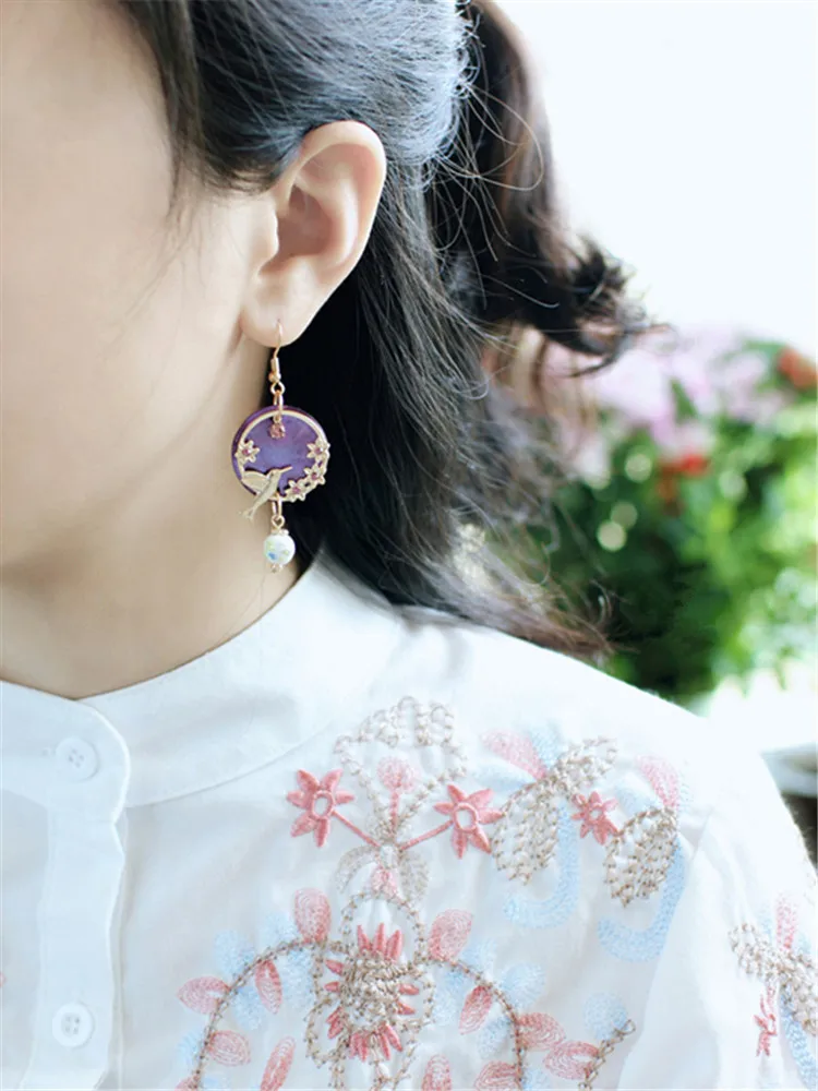 Kshmir New fashion pendant female Earrings Flower bird purple shell Pearl Earrings Jewelry jewelry girl\'s gift