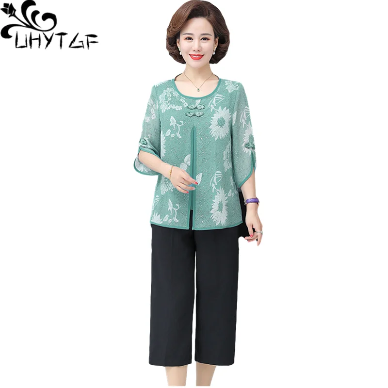 UHYTGF Elegant Mother Summer Two Piece Set Fashion Print Chiffon Thin Shirt Female Loose 5XL Big Size Suit Tracksuit Womens 2007