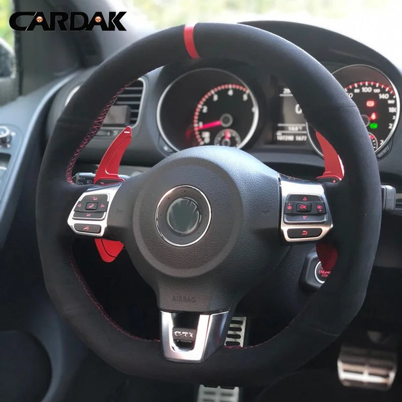 CARDAK Custom Hand-Stitched Soft Leather Black Suede Car Steering Wheel Cover For Volkswagen Golf 6 GTI MK6/ Scirocco R