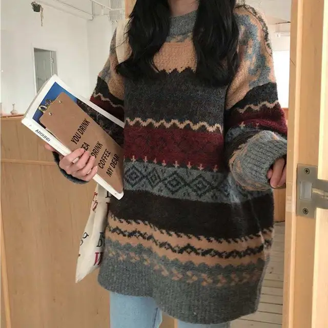 Vintage Sweaters Women Pullover Winter Striped Jumpers Korean Style Loose Pullover Knitwear Casual Loose Sweater Pull Femme 2