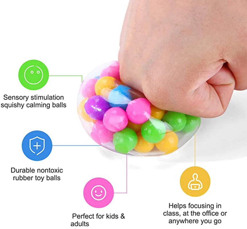 Rainbow Pressure Ball Fidget Sensory Toy DNA Colored Beads Stress Relief Ball TPR Soft Glue Grape Burr Pinch Squeeze Kids Gift