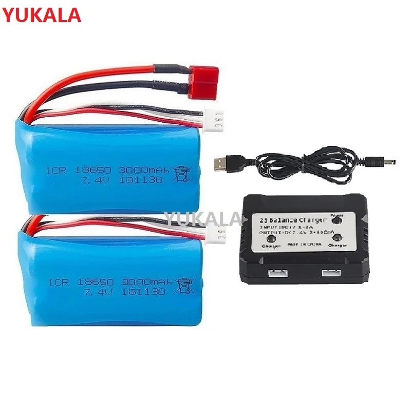 Yudk 18650 7.4 V 3000 MAH batteria agli ioni di litio 2S per Wltoys 144001 10428 12428 12423 Q46 RC ricambi auto/caricabatterie 7.4 V 3000 MAH