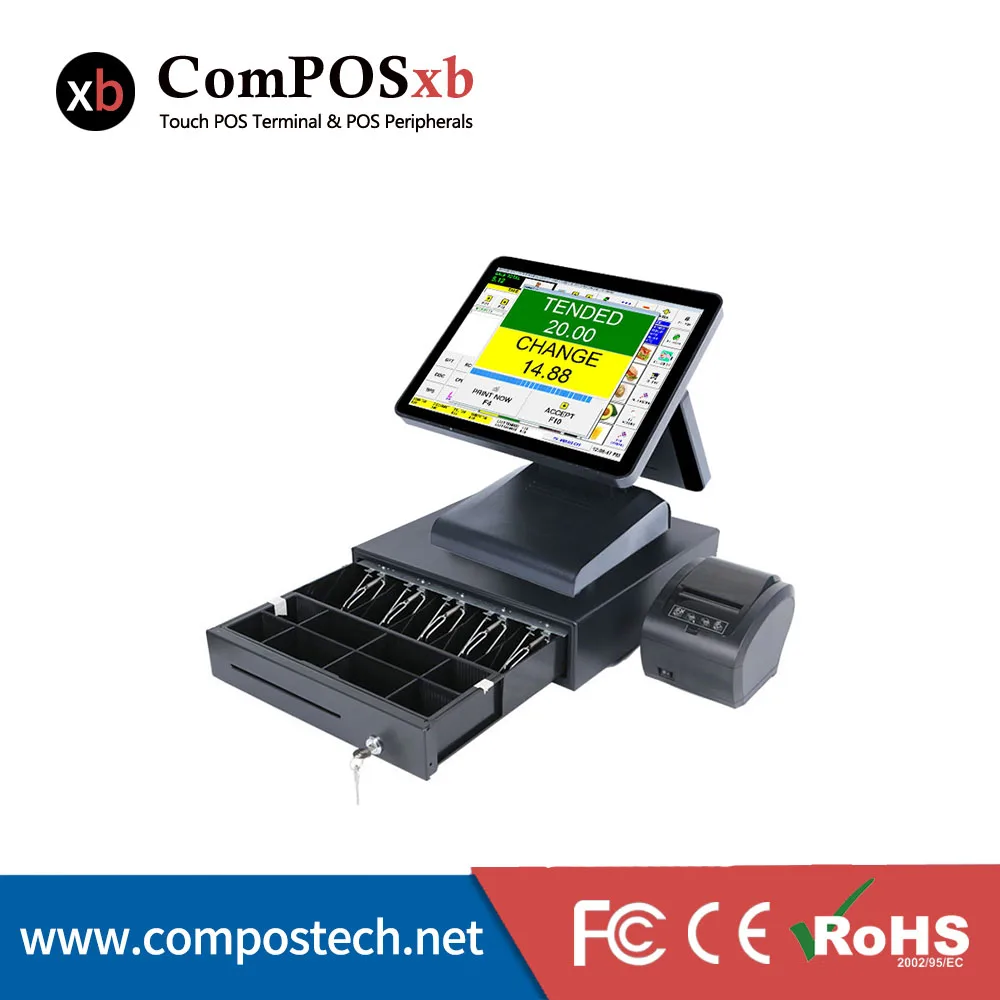 Supermarket POS System Retail Computer Machine Desktop 15Inch Dual Screen POS With Printer and Cash Drawer