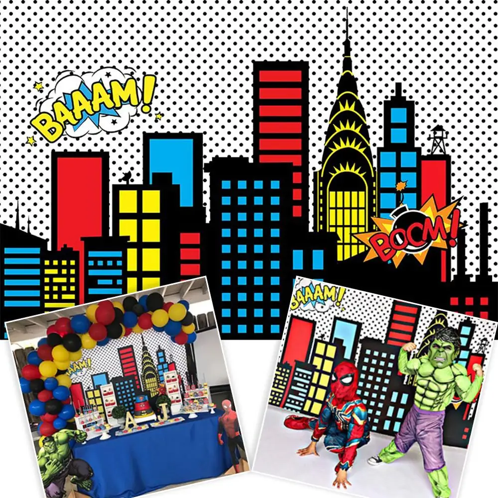 

Superhero Cityscape Backdrop Building Superhero Kids Boy Birthday Party Decoration Banner Background Photo Studio Photocall