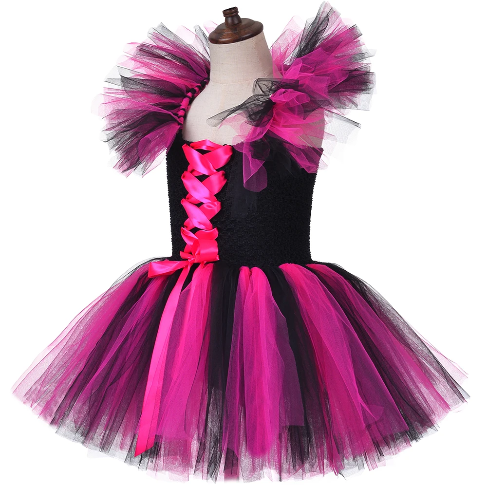 Mädchen Halloween Hexe Kostüm mit Kragen für Kinder Karneval Party Kleidung Schwarz & Pink Kinder Mädchen Tüll Hexe Tutu kleid