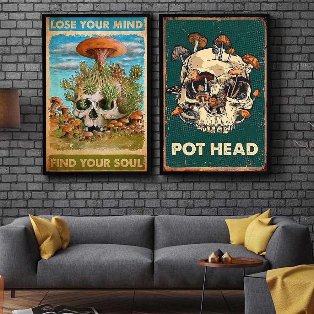 Find Your Soul Poster Mushroom Skull Canvas Painting Hippie Wall Art Pictures Nordic Modern Home Decor Frameless Retro Prints