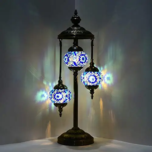 LaModaHome Turkish Floor Lamp Handmade 3 Globes Mosaic Glass Table Lamp Moroccan Tiffany Style Lamp Decorative Night Light for L