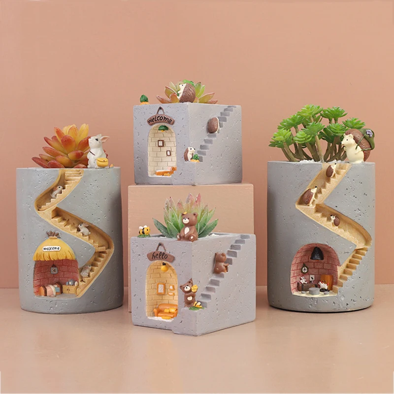 Creativity Gardening Art Hedgehog And Bear Succulents Flower Pot Home Decoration Cartoons Resin Flowerpot Garden Potted Ornament