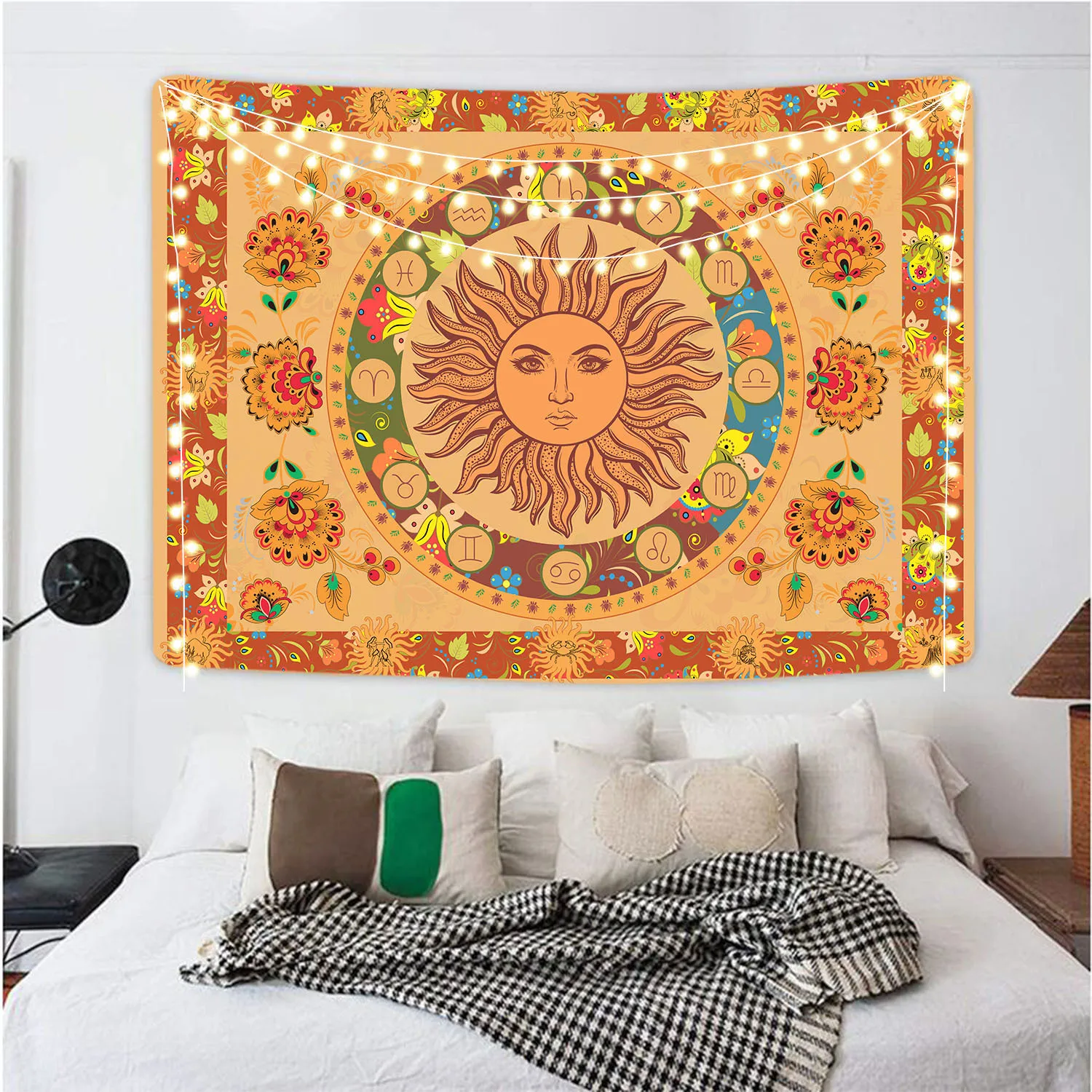 Celestial Burning Sun Tapestry Vintage Flower Vine Mystic Hippie Tapestry Wall Hanging Sun Moon Face Throw Bedspread Beach Towel