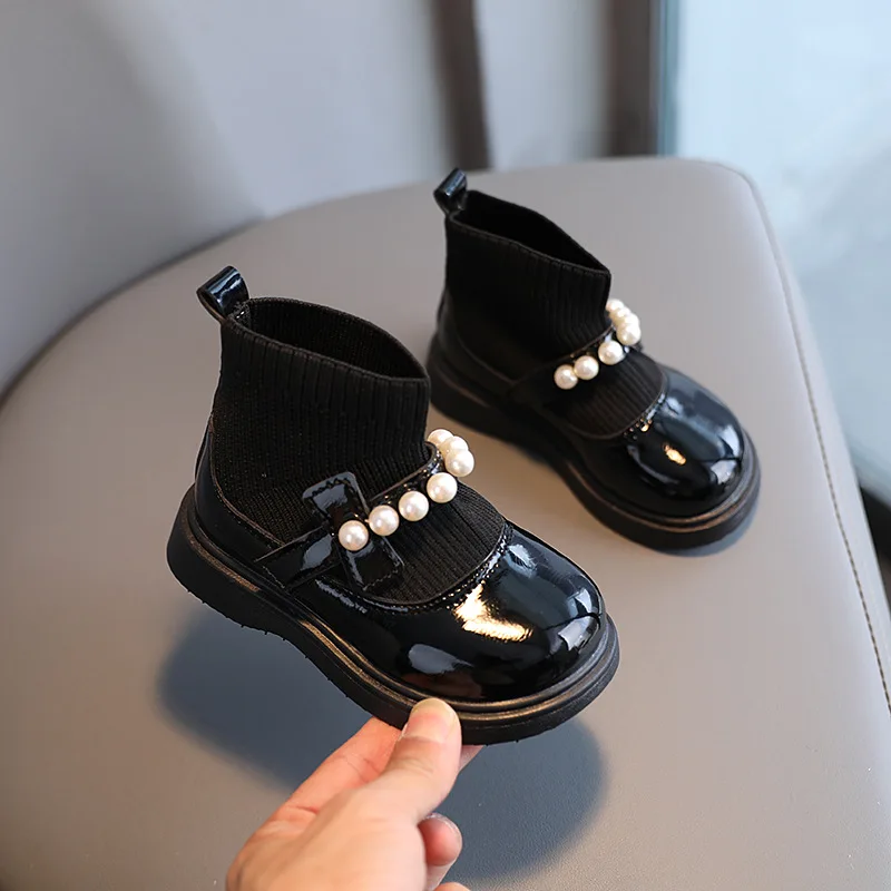 Winter Thick Cotton Girls Sock Shoes Kids Fashion PU Mary Jane Shoes Princess Dress Shoes for Party Children Korean Pearls Shoes