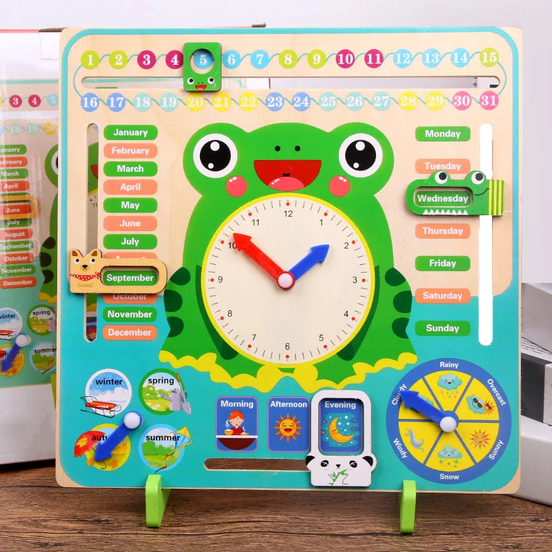 Wooden Frog Wooden Calendar Montessori Toys Baby Weather Season Clock Time Cognition Preschool Education Teaching Kids Toys Gift