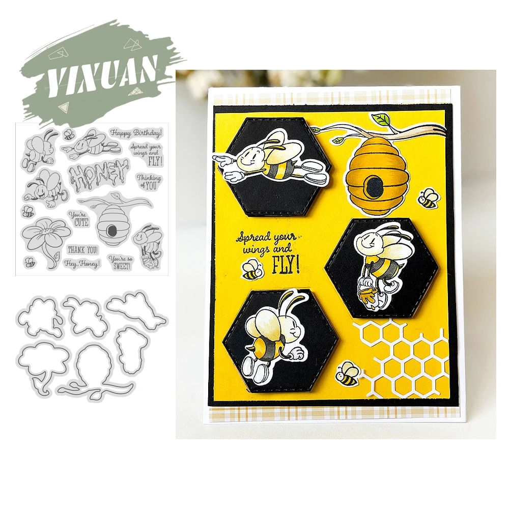 MangoCraft Honey Busy Bees Metal Cutting Dies Clear Stamp Yellow Spring Series DIY Scrapbook Dies Stamps Paper Card  Decor