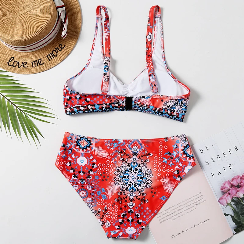 Bikinis sexys para mujer, traje de baño de dos piezas con estampado en blanco y negro, traje de baño bohemio con cuello Halter, ropa de baño para mujer 2020