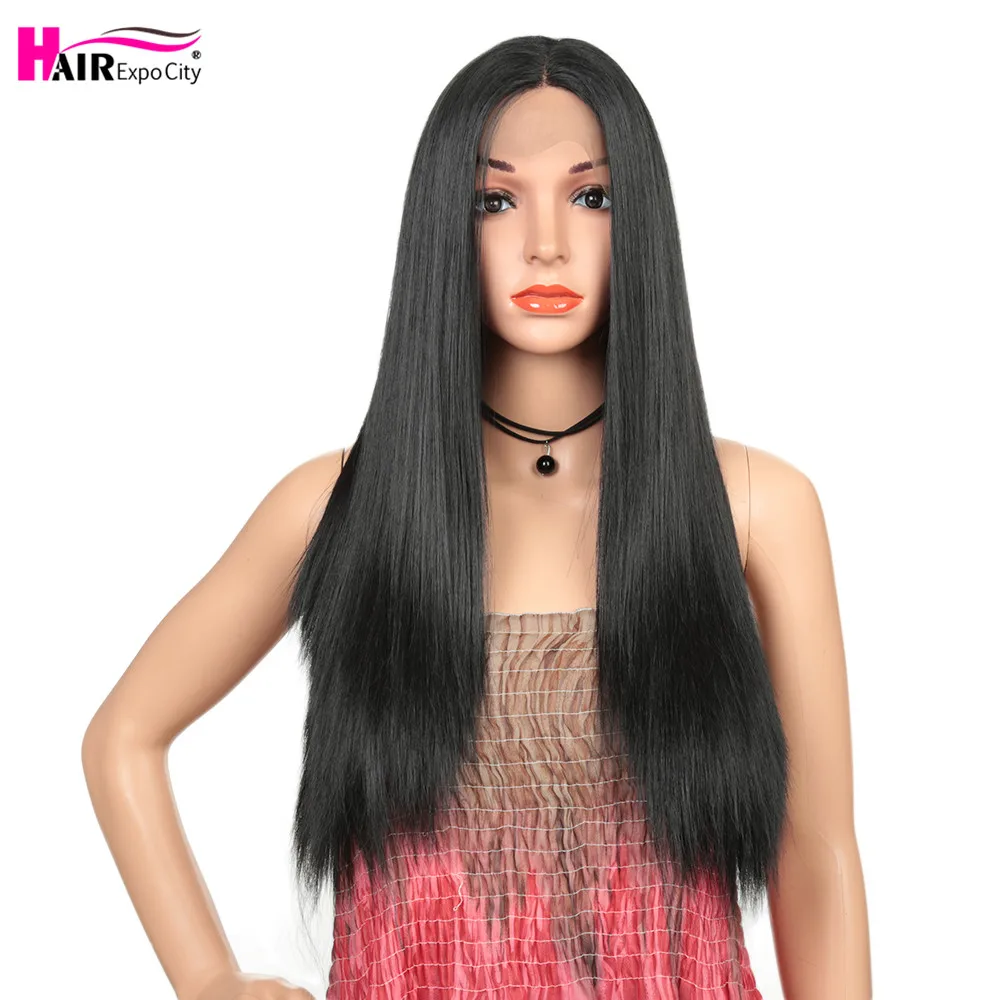 Perruque Lace Wig Synthétique Lisse et Longue de 26 Pouces, Postiche avec Degré de Chaleur, avec Raie au Milieu, pour Femme Noire, Expo City