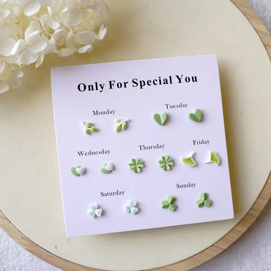 7pcs Popular Ins Candy Color Week Mini Ceramic Earring Female Fresh Joker Temperament Combination Earrings #XN218
