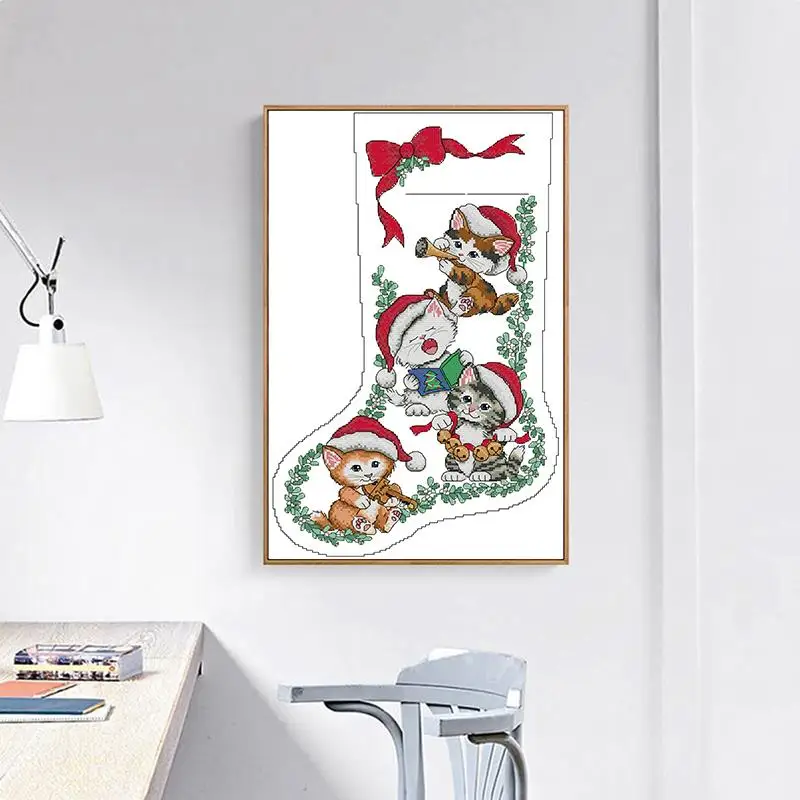 Kitten Christmas Stocking Cross zestaw do szycia DIY kreskówka zwierząt 14CT11CT płótno zestaw do haftowania robótki obrazy do dekoracji mieszkania