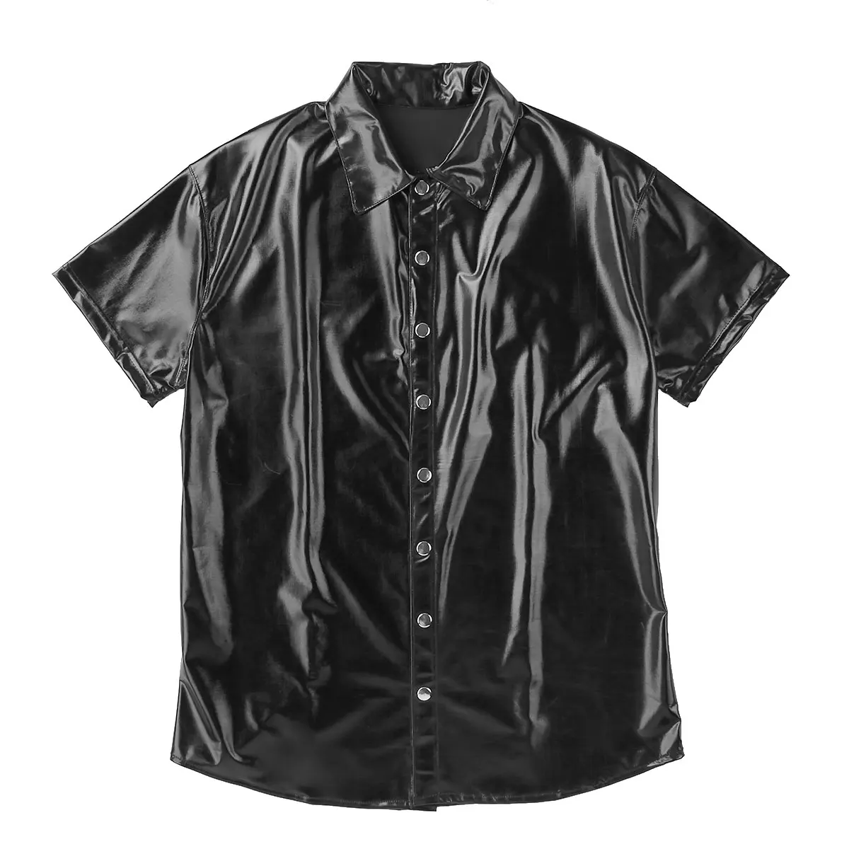 iiniim Mens Fashion Shiny Metallic T-shirt Tops Clubwear Patent Leather Turn-Down Shirt Undershirt Streetwear Male Clothing