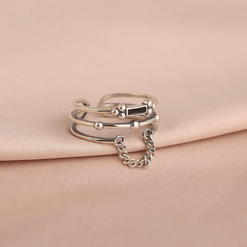 VENTFILLE 925 Stamp Silver Color Ring for Women Girl Gift Multilayer Retro Black Rectangular Chain Sterling Jewelry Dropshipping