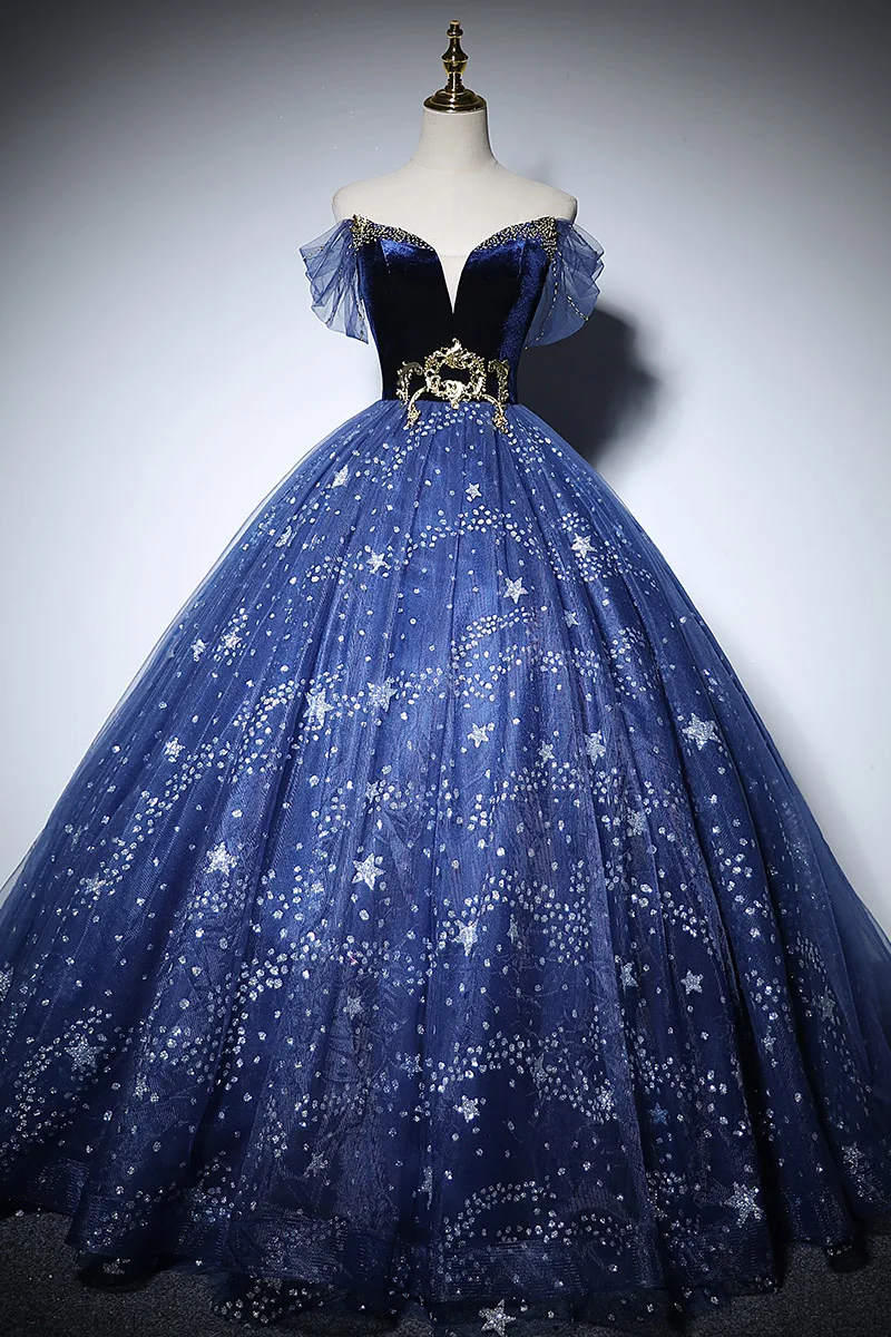 navy/black stars beading Quinceanera ball gown long dress vintage medieval Renaissance princess Victoria/party