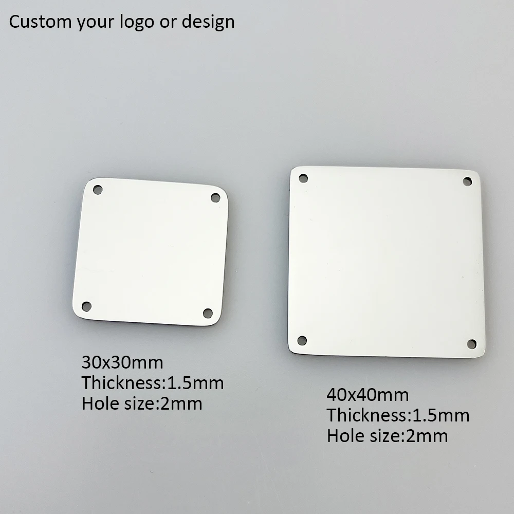 MYLONGINGCHARM Free laser engraved 10pcs LOGO Square Tag  stainless steel Square Plate 4 Holes Square Tag 30x30mm 40x40mm