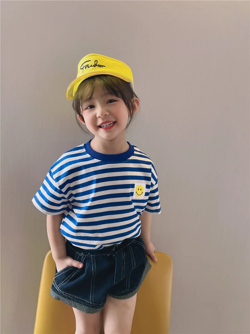 Children Striped Smile T-shirt Parent-child Outfit Clothes Top Summer Korean Boys And Girls Middle Family Matching Outfits