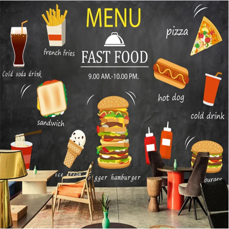 

Custom Burgers French fries Western Fast Food Restaurant Background Wall Mural Wallpaper 3D Snack Bar Hamburger Wall Paper 3D