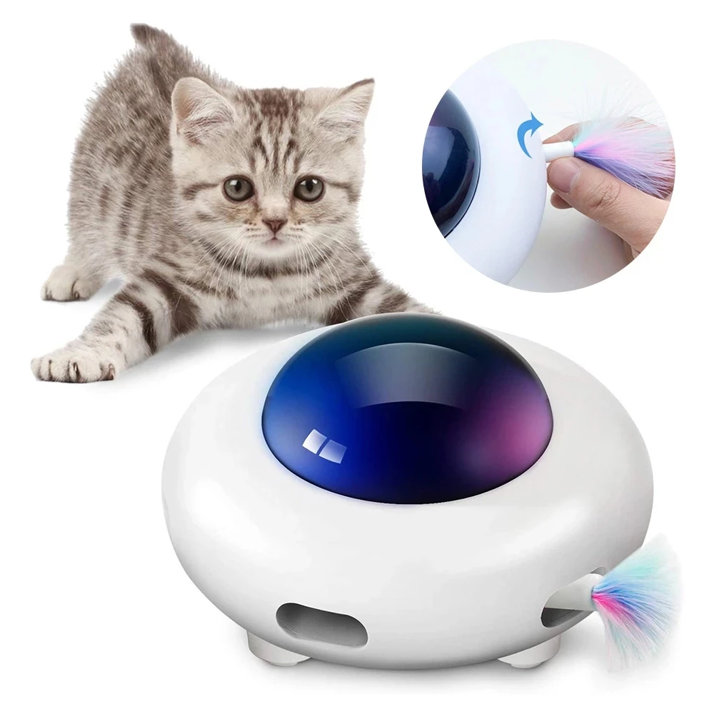 Juguete interactivo UFO automático para gato, juguete electrónico de pluma giratoria para interior, apagado automático inteligente, carga USB móvil aleatoria