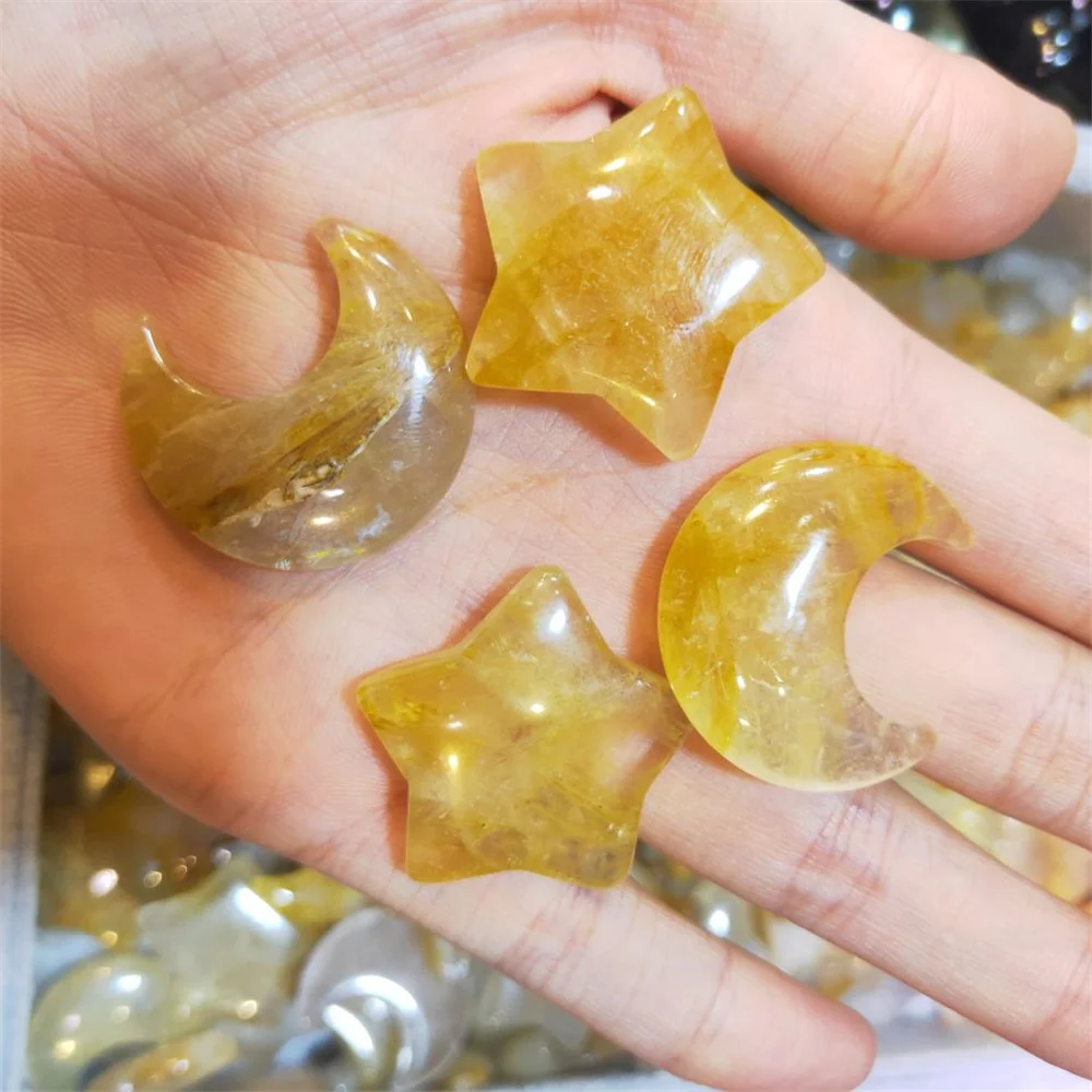 Natural Yellow Gum Flower Crystal Energy moon and star shape Healing Beautiful Chakela Stone Home Decoration