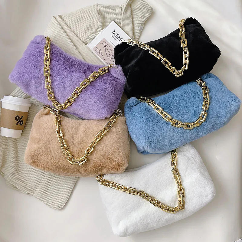 Soft Plush Shoulder Bag Fashion Women Candy Color Winter Cloud Bag Female Thick Chain Handbags Ladies Warm Faux Fur Underarm Bag