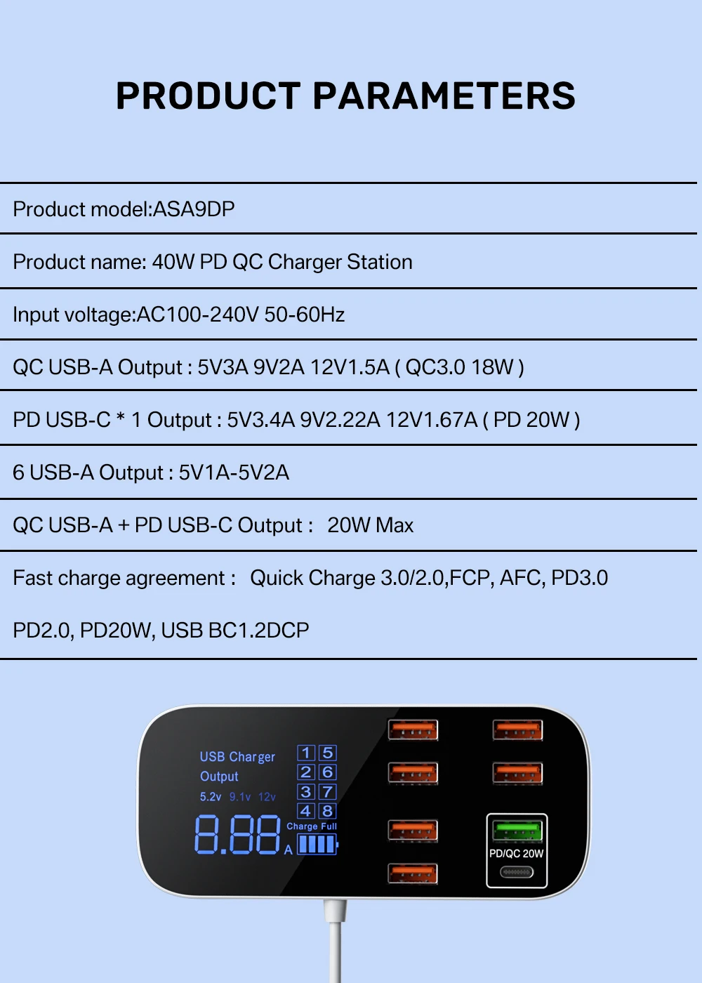 Digitalanzeige, Schnellladefunktion, USB-Ladegerät, Hub, Tablet- und Mobiltelefon-Ladegerät, Adapter, Schnellladegerät für iPhone, Xiaomi, Huawei, Samsung. – Detail 9