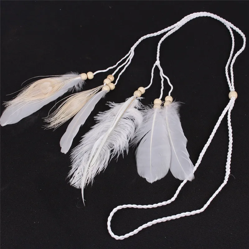 Bohemian Style Indian White Feather Headband Headdress Hair Rope Headwear Tribal Hippie Handmade Hair Accessories for Women 07