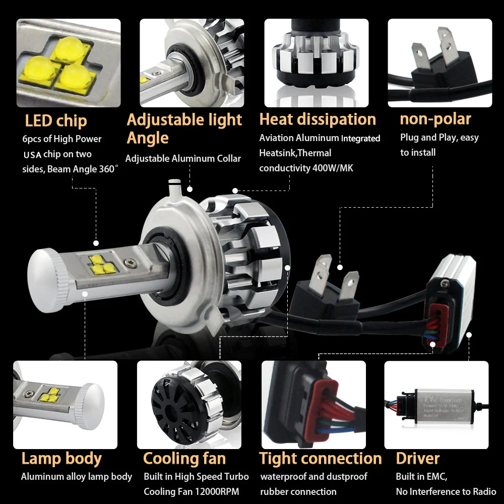 T1S H4 Lampada LED H4 Led Đèn Pha 6000K 3000K Trắng Vàng 9004 HB1 9007 HB5 12V Turbo đèn LED