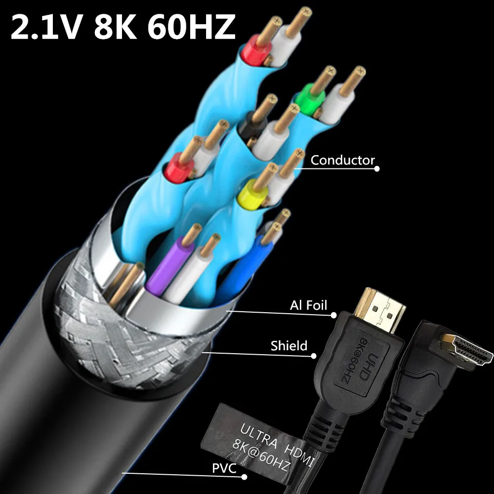 8K 60HZ HDMI-متوافق أعلى وأسفل واليسار واليمين بزاوية 90 درجة ذكر 2.1 A ذكر إلى HD تمديد كابل 2.1 فولت زاوية كابل
