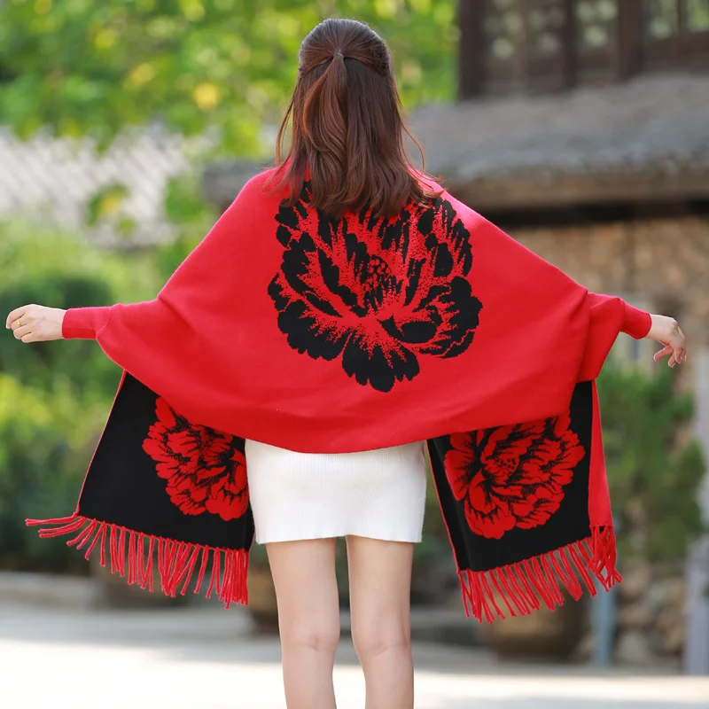 

Winter Female Scarves Women Scarf Pashmina Cashmere-Like Ponchos Capes Flower Shawl Hijab Bandana Foulard Femme With Sleeve