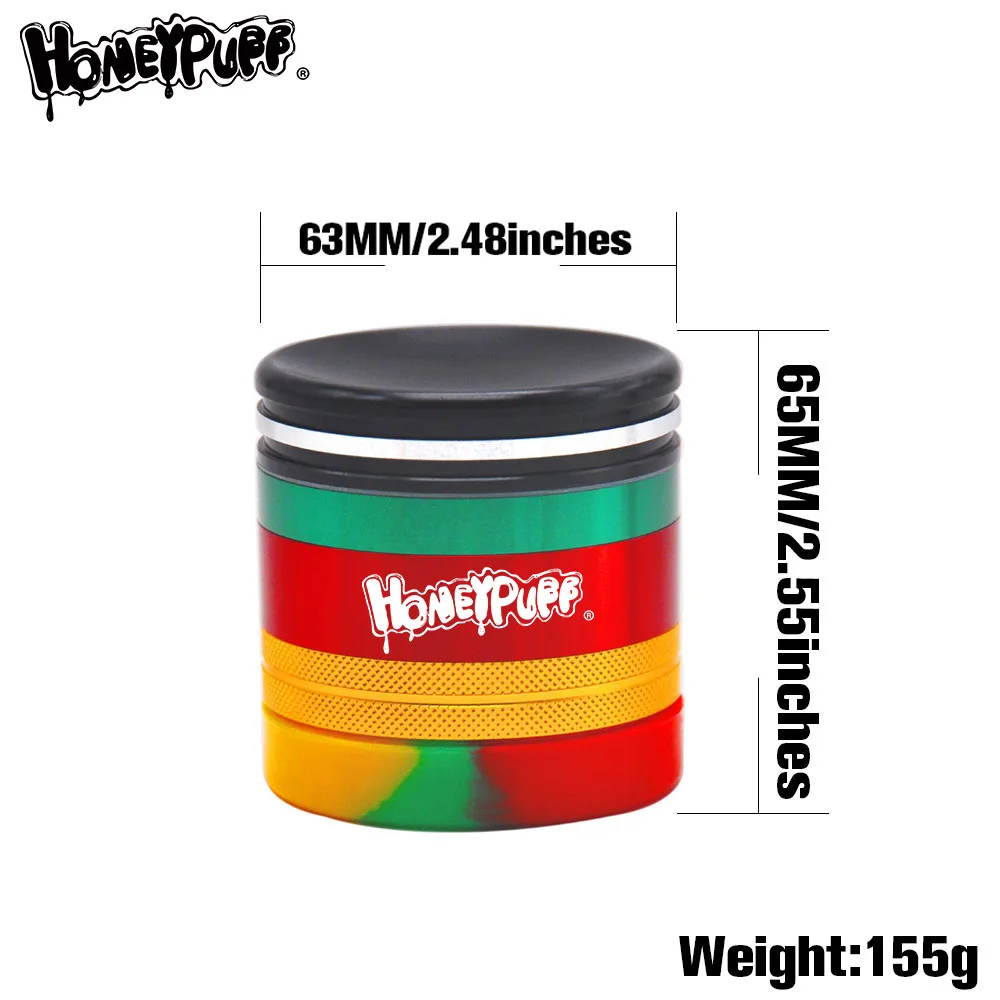 HONEYPUFF Aluminum Crusher with Silicone Storage Stash Jars 63MM 5 Layers Metal Crusher