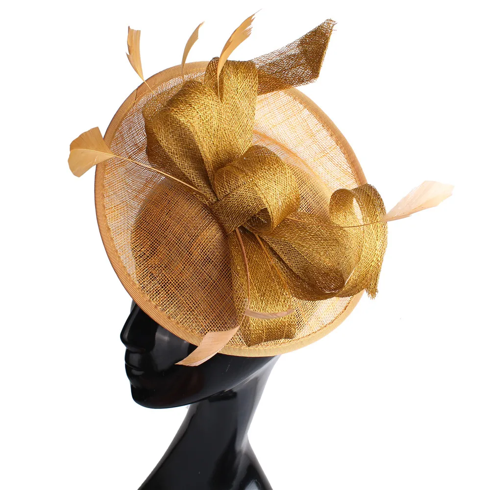 

Champagne Sinamay Feather Fascinators Hats Bridal Wedding Married Headwear Women Elegant Party Tea Formal Hair Accessories