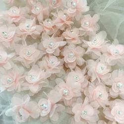 100 pieces 3D pearl beaded pink off white handmade flower rosette DIY craft supply 4.5cm diameter