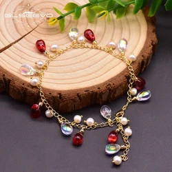 GLSEEVO Fresh Water Pearl Natural Red Crystal Bracelets Adjustable For Women Wedding Gifts Boho Jewelry Perly Bransoletka GB0922