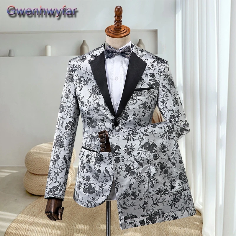 

Gwenhwyfar 3 Pieces Set Floral Print Suit For Men Wedding Party Dress Tuxedos 2023 Custom Made Black Peaked Lapel Blazer Pants