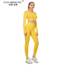 Nuova tuta sportiva da donna vitale Set da Yoga abiti da allenamento per palestra manica lunga Fitness Crop Top + Set di Leggings senza cuciture a vita alta