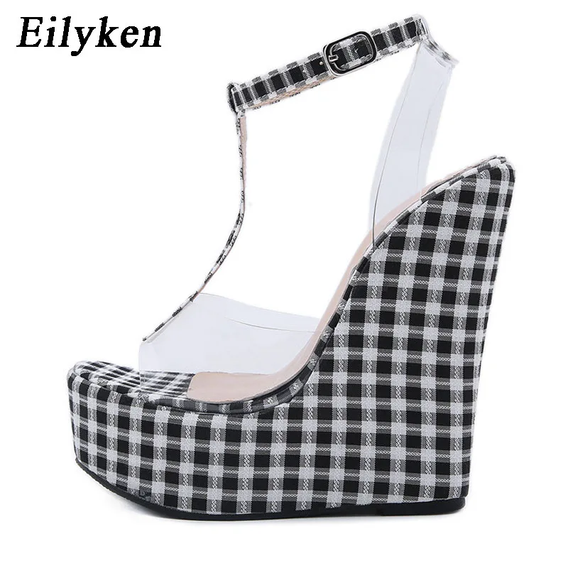 Eilyken Fashion Gingham Thick Bottoms Wedge Women Sandals Ankle Buckle Strap Platform High Heels PVC Transparent Female Shoes