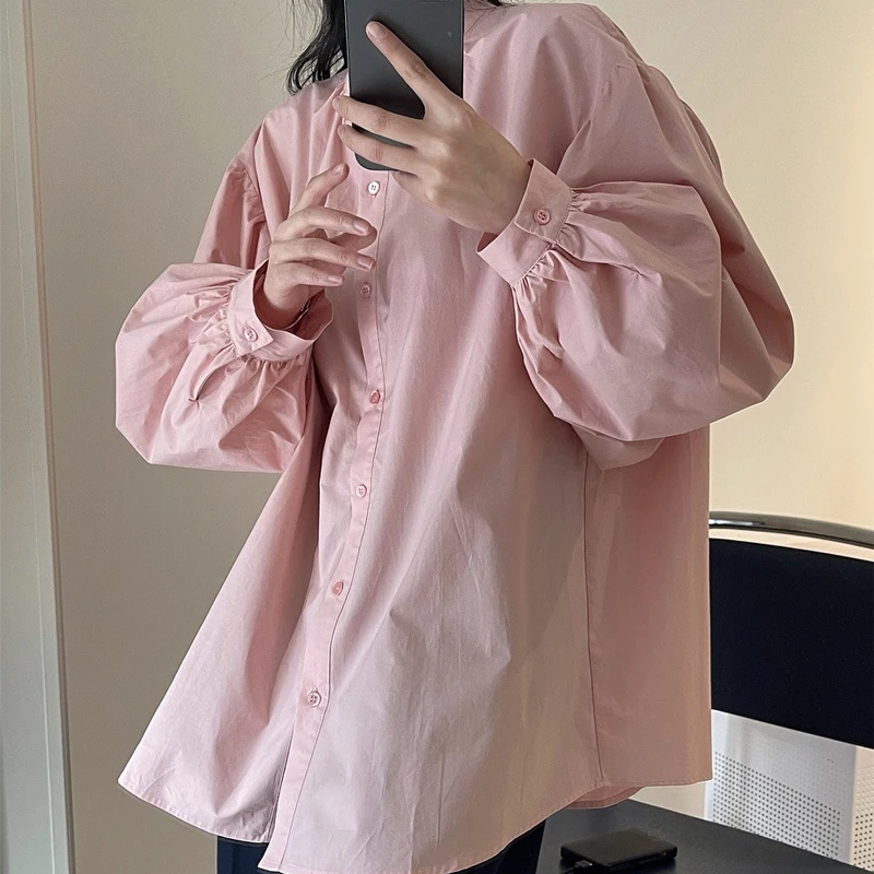 Spring and autumn women's casual solid color round neck lantern sleeve loose shirt