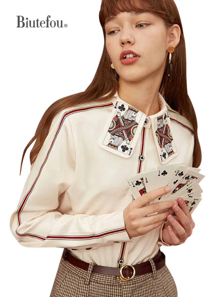 Camisa listra estampada feminina, Cartas de jogar divertidas, Design original, Primavera e outono