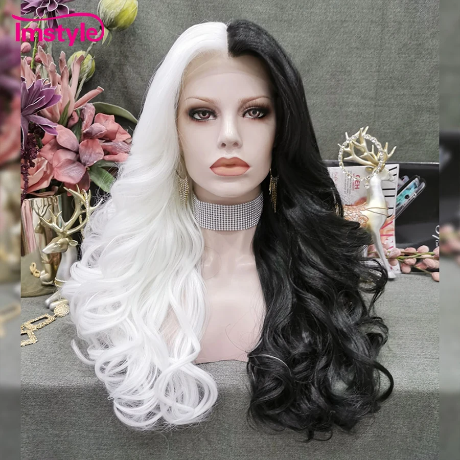 

Imstyle Synthetic Lace Front Wig Half White Half Black Wigs For Women Two Tone Heat Resistant Fiber Cosplay Wig