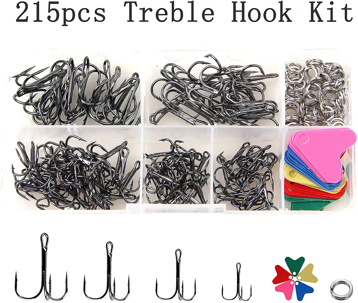 215pcs/Box Treble Hook High Carbon Steel Hooks Strong Sharp Round With Stainless Steel Split Ring Heart Shaped Plastic Sheet