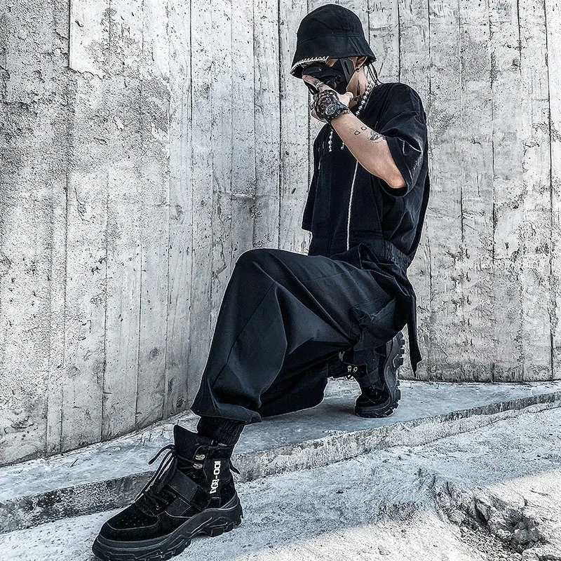 2021 Summer Overalls Men Woman Bib Jumpsuits Multi-Pocket Zipper Tie Feet Cool Street Hip Hop Coverall Pants Black Trousers