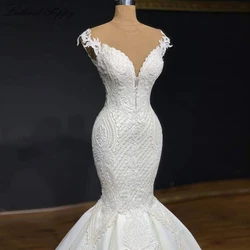 Lceland Poppy Luxury Mermaid Wedding Dresses Beading Lace Appliques Sleeveless Bridal Dress Court Train Vestido de Noiva