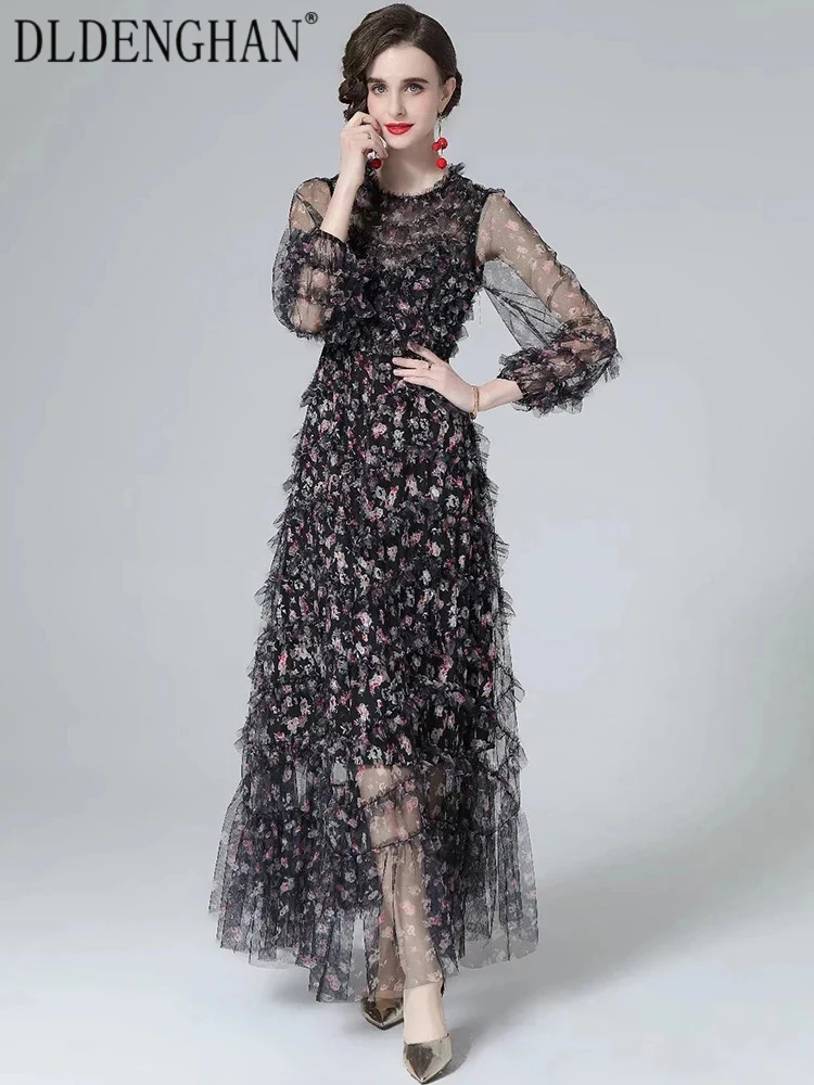 DLDENGHAN Fashion Designer Summer Mesh Maxi Dress Women O-Neck Lantern Sleeve Flower Print  Cascading Ruffle Bohemian Long Dress