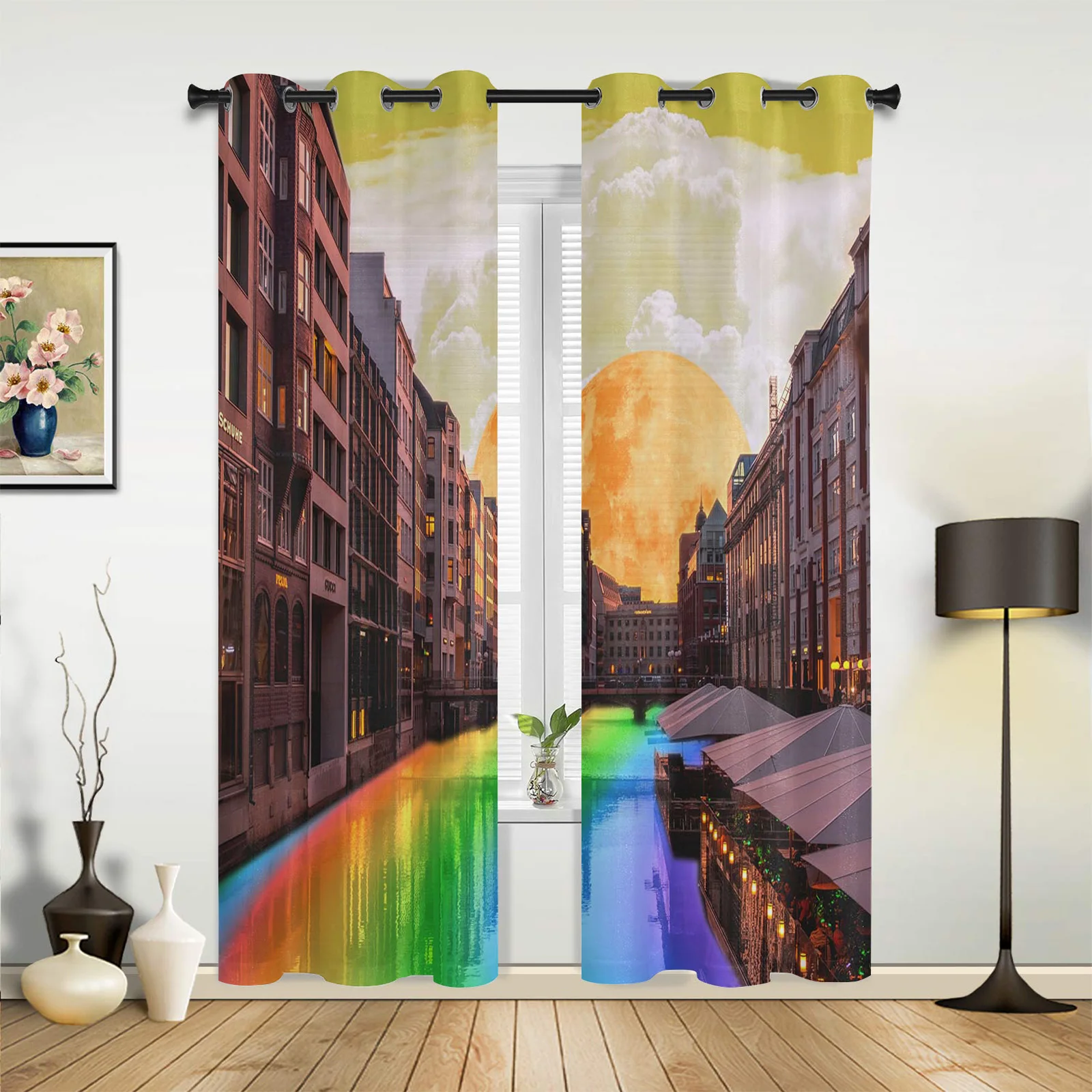 Outdoor Curtains Moon Rainbow Building Living Room Kitchen Curtain Drape For Patio Garden Gazebo Yard Valance Cutains